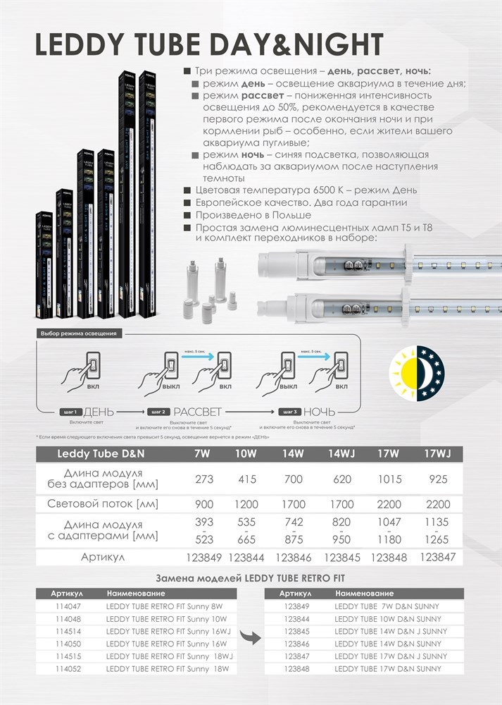 AQUAEL Leddy Tube Day&Night 14 Вт - светодиодный модуль для установки вместо ламп Т8-25 Вт или Т5-35 Вт 123845 - фото 27147