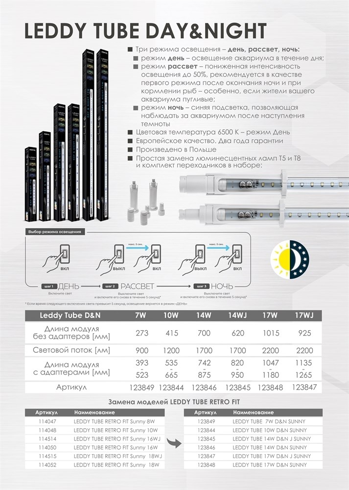 AQUAEL Leddy Tube Day&Night 2.0 17 Вт - светодиодный модуль для установки вместо ламп Т8-38 Вт или Т5-54 Вт 124799 - фото 27721