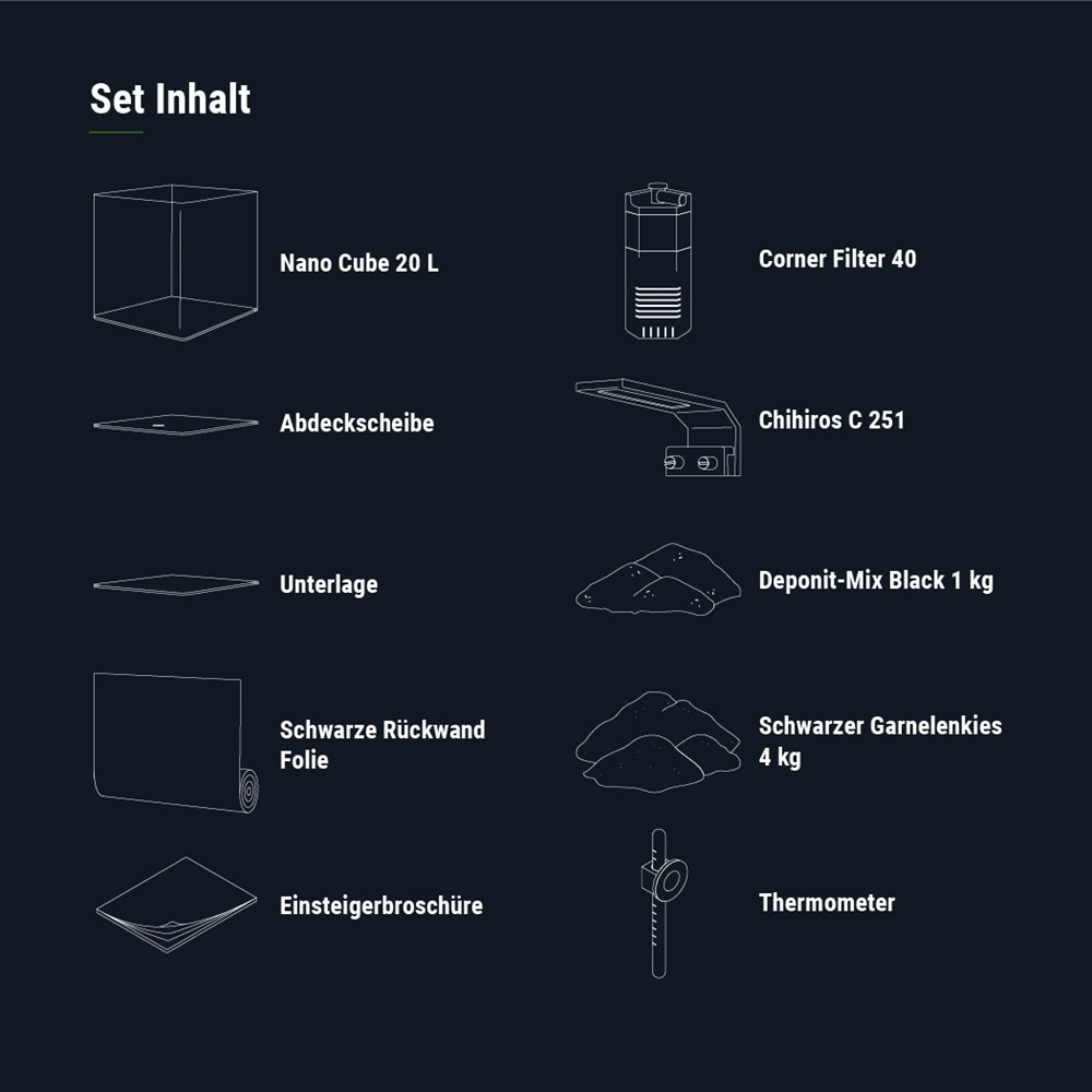 Dennerle Nano Cube Complete 20 литров (в комплекте фильтр, светильник Chihiros C 251, питательная подложка , кварцевый грунт и термометр), передние углы скруглённые (передняя и боковые стенки из единого стекла) Den-3307 - фото 28920