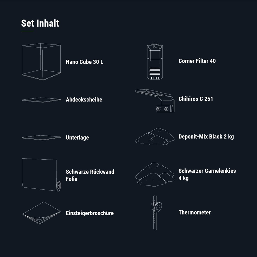 Dennerle Nano Cube Complete 30 литров (в комплекте фильтр,  светильник Chihiros C 251, питательная подложка , кварцевый грунт и термометр), передние углы скруглённые (передняя и боковые стенки из единого стекла) Den-3308 - фото 28926