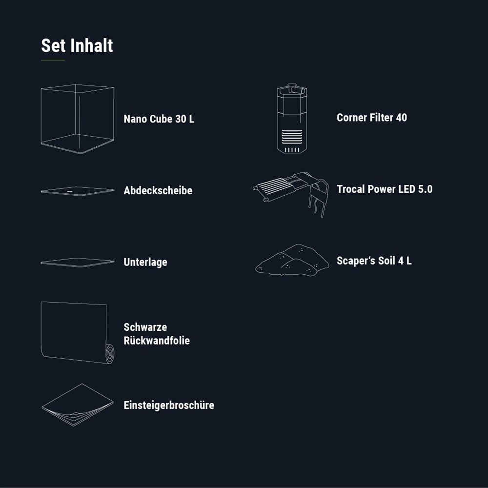 Dennerle Nano Cube Complete Soil 30 литров (в комплекте фильтр, светильник Trocal Power LED 5.0, сойл и термометр), передние углы скруглённые (передняя и боковые стенки из единого стекла) Den-5587 - фото 28938