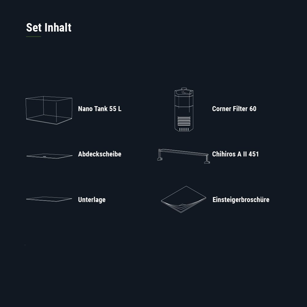 Dennerle Nano Tank Plant Pro 55 литров (в комплекте фильтр, специализированный светильник Chihiros A II 451), передние углы скруглённые (передняя и боковые стенки из единого стекла) Den-3315 - фото 28950