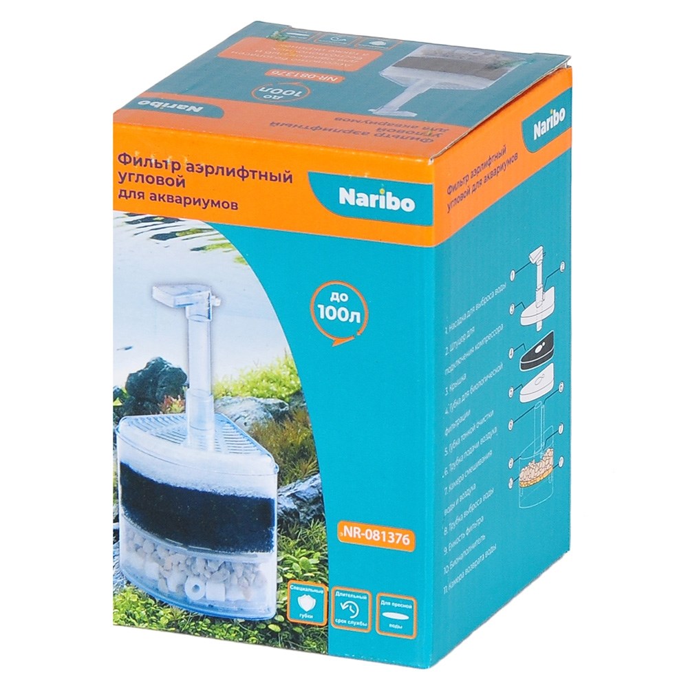 Naribo Фильтр эирлифтный  донный (Губка+био-наполнитель) 8х8х16,5см NR-081376 - фото 29020