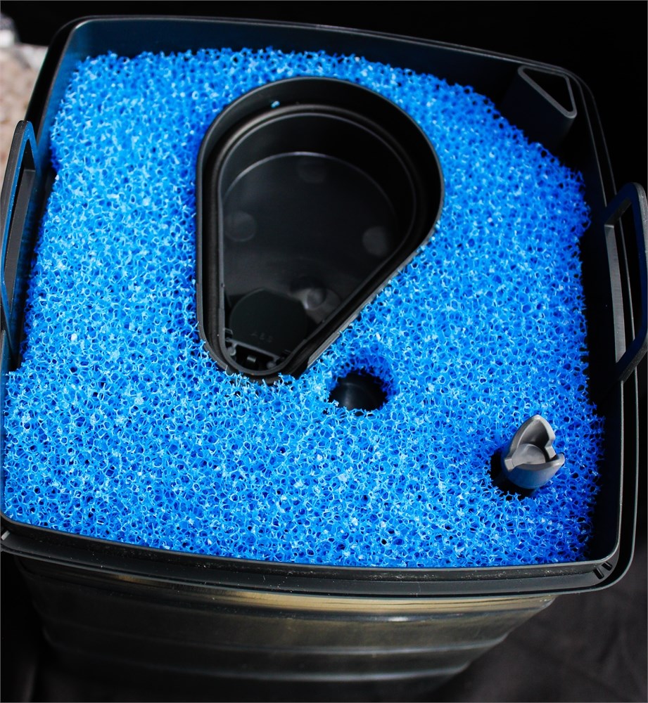 Префильтр с губкой грубой очистки. Справа внизу виден экстендер (позволяет увеличить промежутки между очистками, пуская часть потока мимо наполнителей).