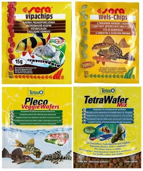 Hабор кормов для сомиков и донных рыб - Sera Vipachips, Sera Wels chips, Tetra Pleco Veggie Wafers, Tetra WaferMix tabs-set