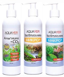 Aquayer - набор удобрений (Микро+, Макро+, Альгицид+СО2), 3 х 250 мл - фото 23810