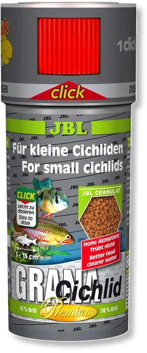 JBL GranaCichlid CLICK 250 мл. (110 г.) - Основной корм класса премиум в форме гранул для плотоядных цихлид в банке с дозатором 282.4065600