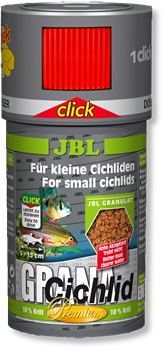 JBL GranaCichlid CLICK 100 мл. (45 г.) - Основной корм класса премиум в форме гранул для плотоядных цихлид в банке с дозатором - фото 26607