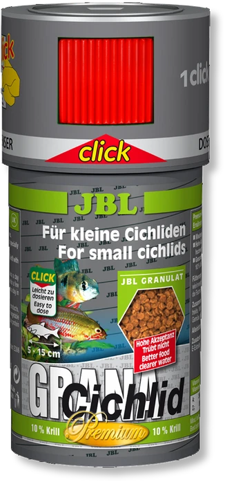 JBL GranaCichlid CLICK 100 мл. (45 г.) - Основной корм класса премиум в форме гранул для плотоядных цихлид в банке с дозатором 282.4065500