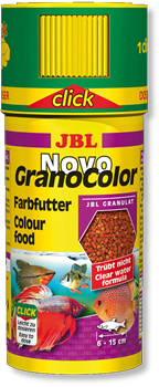 JBL NovoGranoColor 250 мл. (120 г.) - Основной корм в форме гранул для особенно яркой окраски рыб в б анке с дозатором - срок годности - фото 26653