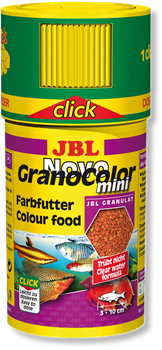 JBL NovoGranoColor mini Click 100 мл. (38 г.) - Основной корм в форме цветных мини-гранулспособствующих естественному усилению цвета маленьких рыб в общих аквариумах, в банке с дозатором - фото 26655