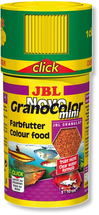 JBL NovoGranoColor mini Click 100 мл. (38 г.) - Основной корм в форме цветных мини-гранулспособствующих естественному усилению цвета маленьких рыб в общих аквариумах, в банке с дозатором 282.3009800