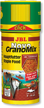 JBL NovoGranoMix Click 250 мл. (110 г.) - Основной корм в форме смеси гранул для общих аквариумовбанка с дозатором - фото 26659