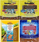 Hабор кормов в гранулах и чипсах - Sera Vipagran 12 г, TetraMin Granules 12 г, Tetra Min Pro crisps 12 г, Tetra PRO Colour 12 г.